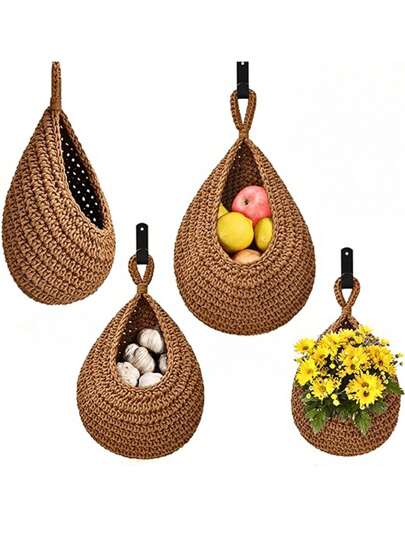 1 件独特的米色/白色波西米亚风格壁挂篮 - 手工编织绳，创意泪珠形状，适合在现代厨房中储存蔬菜和水果