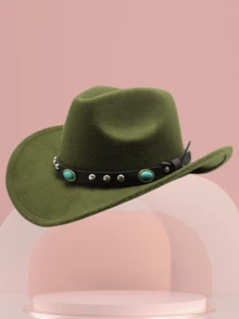 1 件装男女通用西部牛仔帽，带铆钉和宝石，弯曲帽檐，休闲户外牛仔帽，适合派对、节日、时尚配饰