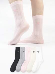 5 Pairs Ladies' Crew Socks, Cartoon Cute Solid Color Bow Design, Soft Comfortable Casual Fluffy Socks, Suitable For Daily Wear, Home, Office, Campus, Sports, All Seasons