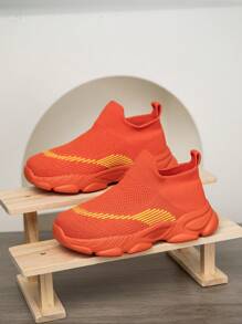 1 双儿童针织运动鞋袜，方便穿脱，轻便，透气，防滑，跑步鞋，时尚百搭学生运动鞋 - 橘色 - 查看 3