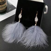 1 par de pendientes exagerados con plumas y colgante de piedras preciosas - Pendientes de plumas de piedra - Ver 3