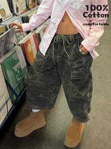 Retro Camouflage Workwear Wide Leg Jeans For Men And Women, Casual Three-Dimensional Large Pocket Seven Quarter Straight Leg Pants - Multicolor - View 2