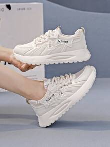 1 Pair Women's Breathable Mesh Platform Sneakers, Thick Bottom Lace-Up Fashion Casual Sport Shoes