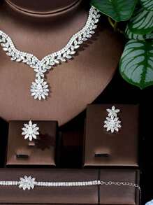 1 套时尚公主首饰套装，植物装饰，方晶锆石镶嵌，适合新娘、婚礼、派对礼服、节日、多功能女士首饰 - 銀色 - 查看 3