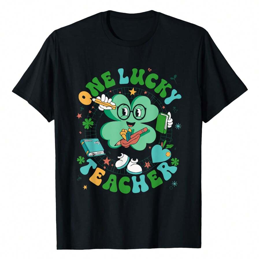 One Lucky Teacher, St Patricks Day Teacher T-Shirt Fashionable Plus Size Women's T-Shirt, Super Soft And Breathable Cotton | Comfortable Fit, Versatile Everyday Style, Suitable For All Seasons. - 黑色 - 查看 1