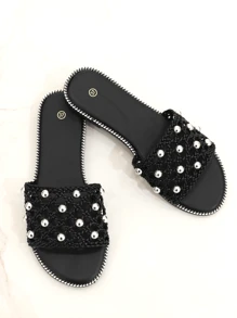 Women's Pearl-Embellished Slip-On Sandals - Black - View 2