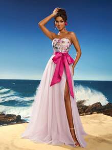 Anymoon Bustier Lace Embroidery Bow Decor Long Evening Dress, Formal, Party Dress, Gown, For Wedding Guest - Pink - View 1