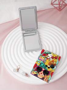 1 件千禧女孩口号系列化妆镜，可折叠轻薄便携式手持镜，PU 皮套，不锈钢金属真空电镀，适合所有场合和所有人，可折叠方形口袋镜 - 彩色 - 查看 3