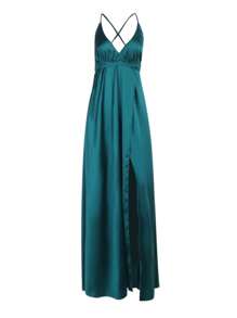 女式缎面细肩带前开衩吊带裙，夏季，派对礼服，适合参加鸡尾酒会 - 綠色 - 查看 3