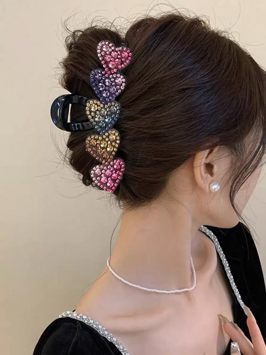 1个可爱彩色水晶爱心发爪夹，适合日常佩戴，可作发夹、发卡、发夹、发饰、发夹、发卡、发夹，秋冬季女士发饰，适合度假装扮、夏季海滩装扮 - 彩色 - 查看 1