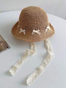 1pc Baby Girl 1-2Y Handwoven Straw Hat With Drawstring, UV Ion, Spring/Summer - Khaki - View 5