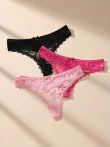 3pcs/Set Women Solid Color Sexy Lace G-String, Breathable Stretchy V-Shape Strappy Comfortable Fitted Panties