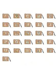 1pc Khaki Linen Makeup Bag With Letters And Rabbits Printed On It, Rabbit Print Fashionable Wreath Letter Pattern,Coin Wallet, Makeup Bag, Ladies' Birthday Gift, Teacher's Thank You Gift - Khaki - View 2