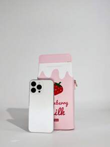 Fashionable Milk Carton Shaped Letter & Cow Print Crossbody Bag, With Detachable Strap And Zipper Closure, Casual Commuter Crossbody Bag, Suitable For Travel And Daily Use, Strawberry Pattern Square Bag , Pink - Pink - View 4