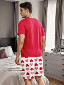 Men's Pajamas Set With 'LOVE' Graphic Print - Red - View 6