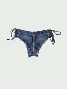 Women's Summer Sexy Denim Bikini Set - High-Waisted Thong & Lace-Up Top Beach Swimwear Bathing Suit