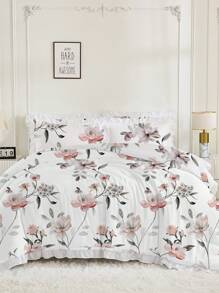 2/3pcs Magnolia Flower Ruffle Duvet Cover Set (Duvet Cover*1, Pillow Case*1/2, Without Comforter And Pillow Insert), Skin-Friendly, Breathable, Soft & Comfortable, Printed Design, Suitable For Hotel, Guest Room, Dormitory, Bedroom, All Season Bedding Set - White - View 2