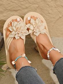 2025 New Summer Fashion Pointed Toe Flower Flip Flops Outside Slope Heel Non-Slip Thick Bottom Beach Shoes - Beige - View 5