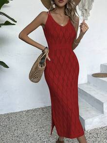 女士休闲V领纯色钩针开衩连衣裙，夏季全白，秋季返校季米黄色，秋冬季派对优雅长裙（图案随机） - 紅色 - 查看 5