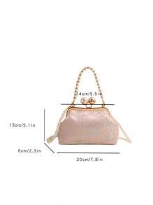 全新复古绿色面料珍珠链手提包，优雅斜挎单肩包，适合派对和聚会 - 粉色 - 查看 4