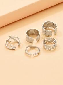 5 件/套不对称锤纹开口不锈钢戒指，优雅度假风格多元素女士珠宝配饰，不会褪色 - 銀色 - 查看 7