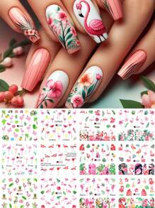 12 pièces d'autocollants pour ongles avec flamants roses, fleurs, feuilles, plumes, jungle tropicale, palmiers, oiseaux et animaux. Décalcomanies d'été pour piscine, fête. Décoration d'ongles par transfert d'eau (sans viscosité)