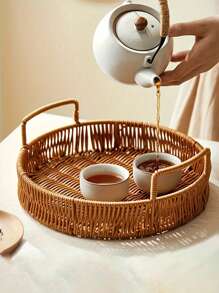 1 件/3 件仿藤编织托盘，野餐水果零食篮，双耳藤篮，木柄装饰柳条托盘，用于饼干茶零食水果便利，家居装饰，派对装饰，架子篮 - 彩色 - 查看 5