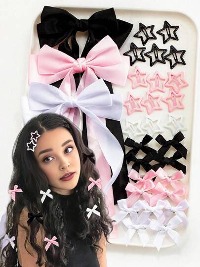 27 piezas/set Accesorios para el cabello de mujer Pasadores de pelo con moño y estrella de colores de moda Pinzas para el cabello rosas mini lindas, Elegantes pinzas para el flequillo de princesa, Pasadores de hada Y2K, Adecuados para uso diario Pinzas para el cabello Y2K, Barrettes para el cabello, Artículos escolares, Universidad, Pinzas para el cabello rosas, Lazos, Elegante, Femenino, Atuendo de invierno para mujer, Accesorios de San Valentín, Accesorios para la cabeza