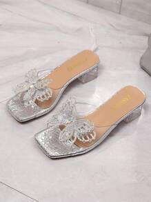 1 par de sandalias tipo slip-on de moda para adolescentes talla grande, con correa de PU de patrón de serpiente plateado, punta cuadrada, tacón grueso transparente de cristal, elegantes y lujosas sandalias de plataforma, aptas para uso casual, fiesta, viaje, primavera/verano