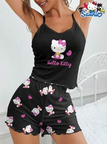 Sanrio Set di 2 pezzi di pigiama da donna Sanrio Hello Kitty con stampe a cuori e lettere, canotta e pantaloncini, carino e confortevole