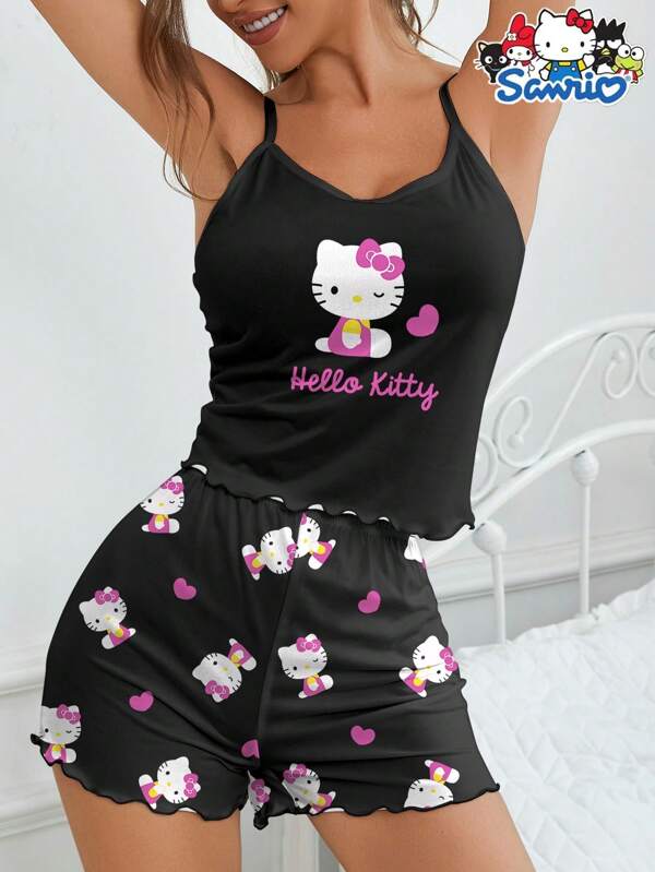Sanrio Set di 2 pezzi di pigiama da donna Sanrio Hello Kitty con stampe a cuori e lettere, canotta e pantaloncini, carino e confortevole