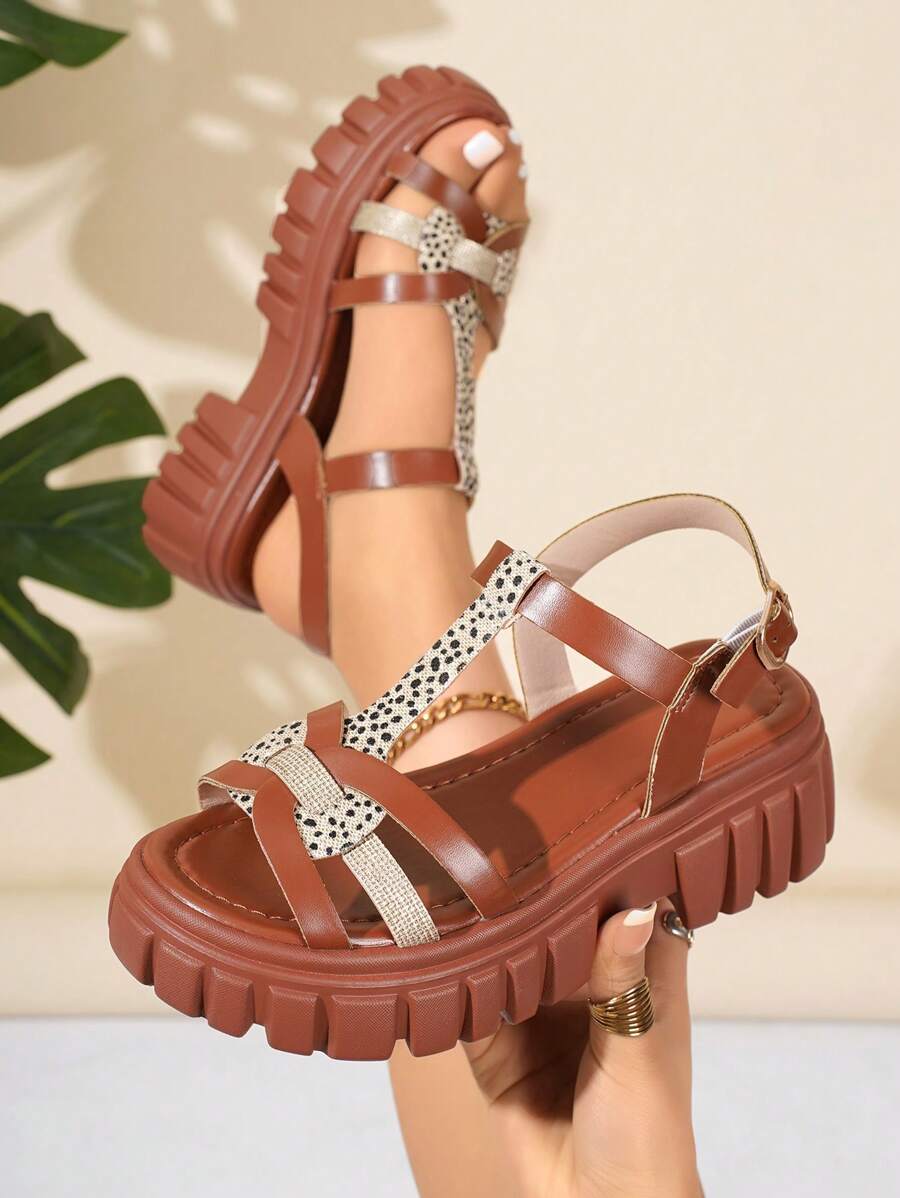 女童休闲豹纹系带凉鞋，舒适 - 棕色 - 查看 1