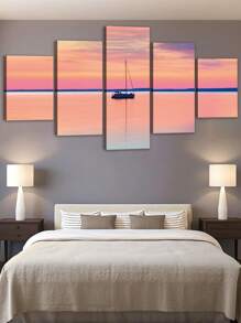 5pcs/Set Travel Posters,Wall Art With Frame,Ready To Hang,Colorful Coastal Pier Sunset Canvas Wall Art,The Bridge Into The Sea,Sailboat Sunset Reflection Boat Multipanel Travel Wall Decoration,For Bedroom Living Room Corridor, Home Decoration Gift For Him For Her,Coastal Summer Decor