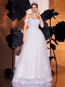 White Off Shoulder Sequin Mesh Maxi Wedding Dress, Bride