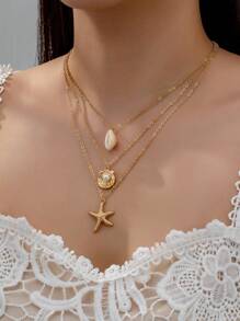 1pc Fashion Vacation Starfish & Shell Inlaid Multi-Layer Necklace, Suitable For Women Beach Holiday Wear - Yellow Gold - View 8