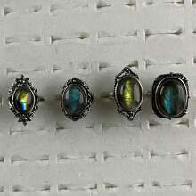 Yuyekai 4Pcs/Set Vintage Bohemian Natural Stone Ring For Men And Women - Adjustable Ring, Mixed Style Antique Silvery Labradorite Rings, Cabachons Labradorite Stone With Iridescent Blue & Green Hues, Ideal For Daily Wear & Gifts, Finger Ring, Men Jewelry - 彩色 - 查看 6