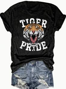 TIGER PRIDE Print Crew Neck T-Shirt - Fashionable Womens Graphic Print T-Shirt - Casual Short Sleeve Crew Neck Top - Lightweight & Breathable For Spring & Summer Wardrobe, Polyester, 1 Piece, 200g
