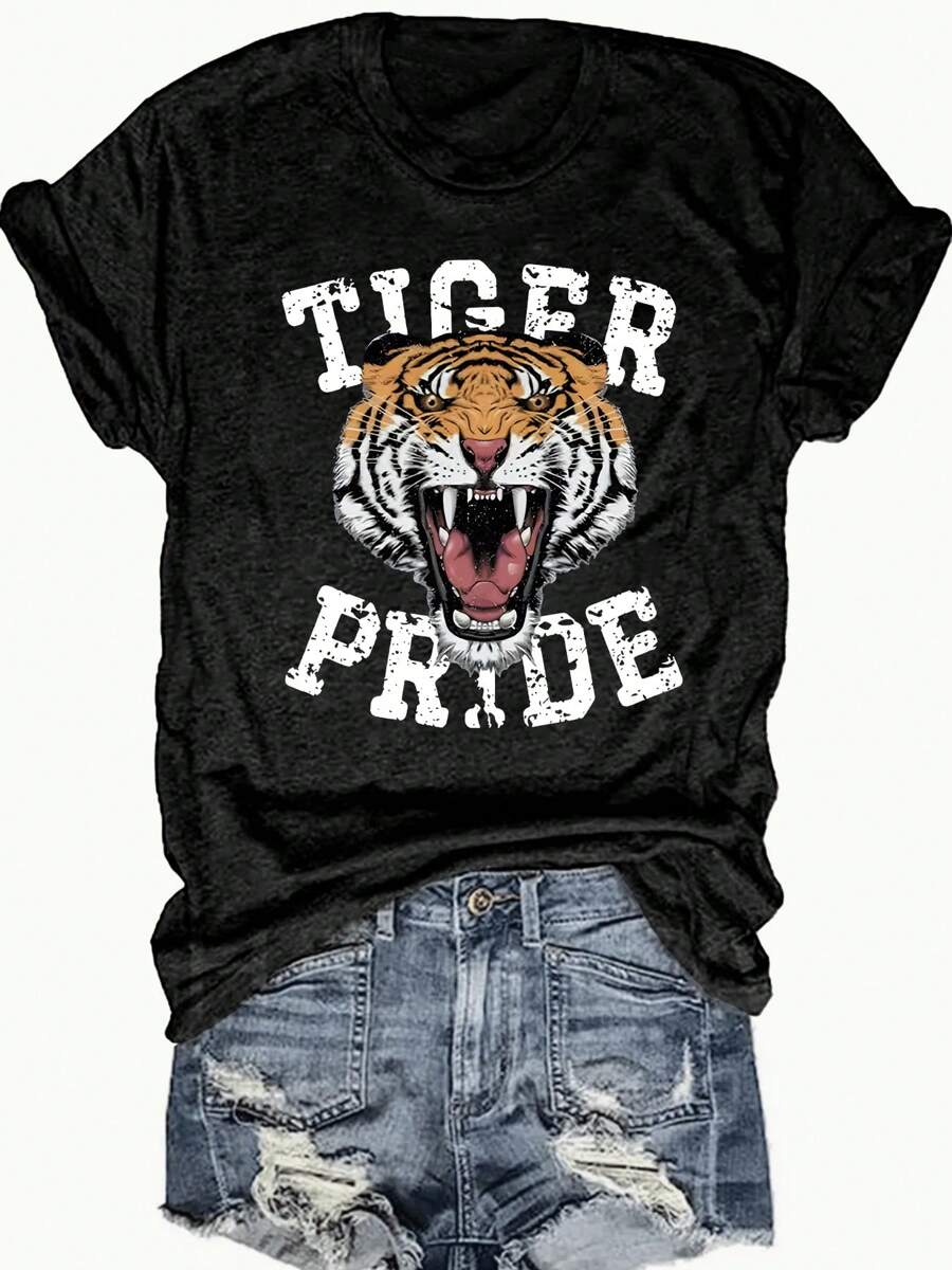 TIGER PRIDE Print Crew Neck T-Shirt - Fashionable Womens Graphic Print T-Shirt - Casual Short Sleeve Crew Neck Top - Lightweight & Breathable For Spring & Summer Wardrobe, Polyester, 1 Piece, 200g