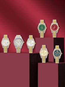 7pcs/Set Fashionable Rhinestone Faux Three-Eye Quartz Watch Set, Suitable Gift For Friends, Girlfriend, Brother, Lover, Mother, Holiday Gift - Multicolor - View 4