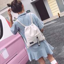 Belted Pocket Drawstring Backpack For Girls, Simple Canvas School Bag, Sports Small Canvas Bag, Korean Drawstring Double-Shoulder Bag - Multicolor - View 9