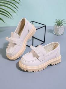 1 Pair Ivory Toddler/Girls' Simple Shiny Leather Princess Flats, Soft & Comfortable Thick Insole Round Toe Non-Slip Increased Height Fashion Loafers, Suitable For 3-15 Years Old Girls For Party, Dance, Daily Casual, Vacation, Spring/Autumn New