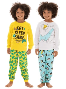 6 Pieces Of Assorted Long Sleeve Children's Pajamas For Boys - 3 T-Shirts + 3 Pants - 彩色 - 查看 7