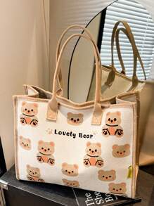 1pc Portable Canvas Mummy Bag, Versatile Large Capacity Mummy Diaper Bag, Cartoon Cute Bear Print Handbag, Casual Commuter Tote