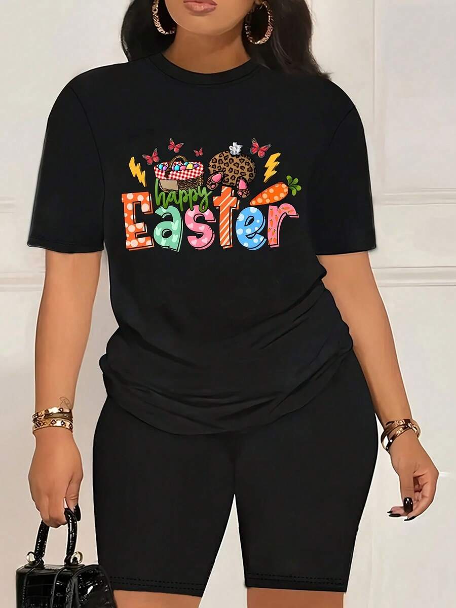 Womens Casual Easter Bunny Pattern Shirt And Short Two-Piece Set Plus Size Casual Crew Neck For Outdoors Activities And Casual Wear, 350g - Black - View 1