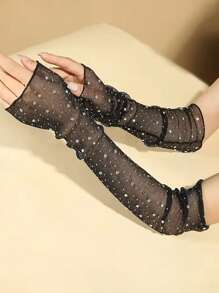 1 Pair Ice Silky Fiber Fabric Rhinestone-Embellished Long Sun Protection Sleeves - Black Mesh Gloves With Sparkling Crystals, Stylish And Versatile For Outdoor Activities, Spring/Summer Wear, Outdoor Fashion Accessory | Elegant Wristwear - 12-16Y - View 5
