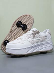 Giày trượt patin ngoài trời phong cách mới cho trẻ em, giày thể thao trượt patin thời trang 4 bánh cho công viên, giày thể thao đa năng cho thanh thiếu niên - Màu Khaki - Xem 2