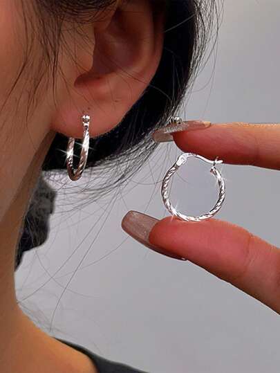 1 对 S925 纯银简约圆形扭曲耳环，优雅编织环状耳环，精致奢华女士礼物
