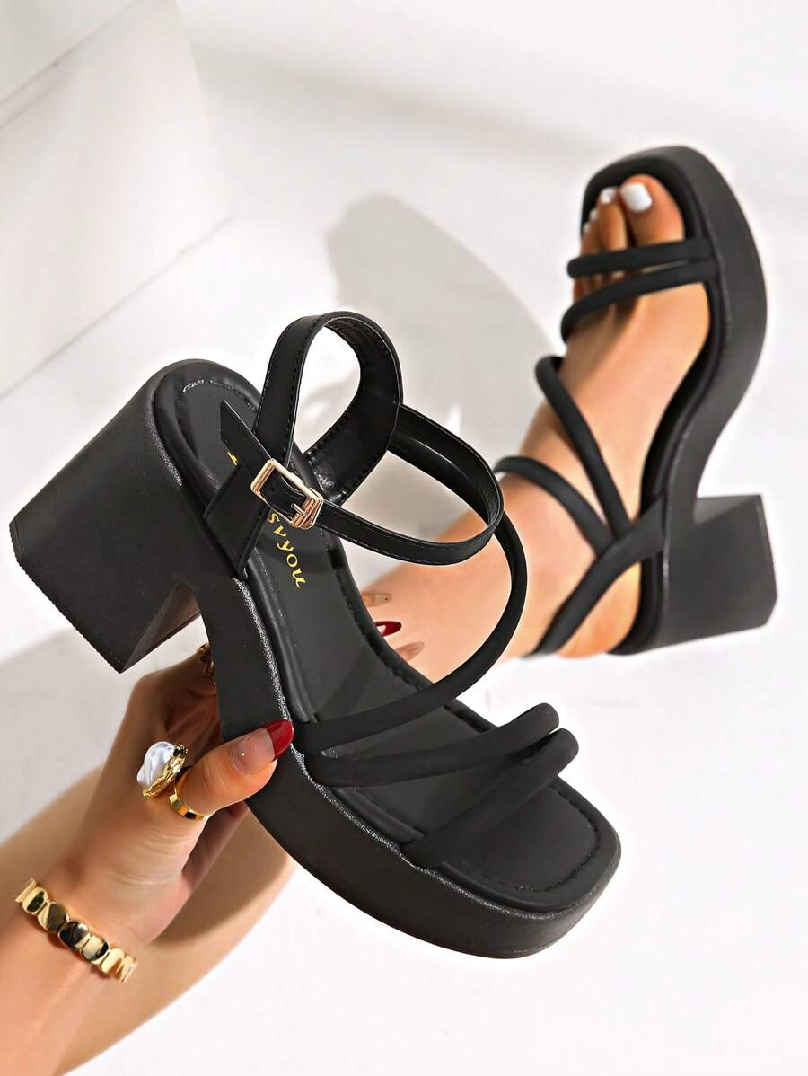 Women's Thick Sole High Heel Ankle Strap Sandals With Elegant Chunky Platform, Summer - Black - View 1
