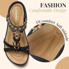 LITTLEPLUM Lässige flache Damensandalen mit Strassperlen Bohemia Strandschuhe Lässige Knöchel Elastische Flip Flops