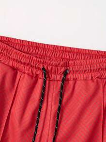 男士时尚休闲套装，拉链式 Polo 衫和短裤，数码印花 - 紅色 - 查看 4